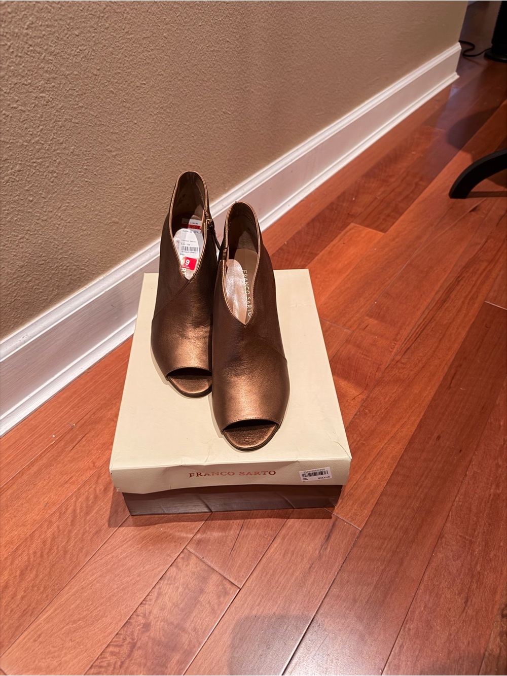 Franco Sarto Metallic Bronze Peep-Toe Bootie Heels